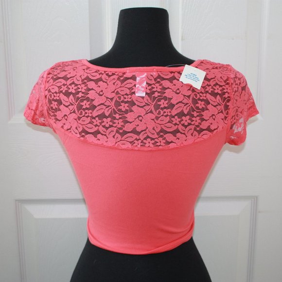Ambiance Apparel Coral Lace Crop Top - Picture 2 of 3